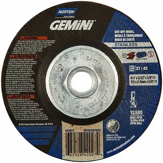 Norton 66252842027 Depressed Center Cut-Off Wheel Type 27, 4 1/2 in x 3/32 in x 5/8"-11, Aluminum Oxide