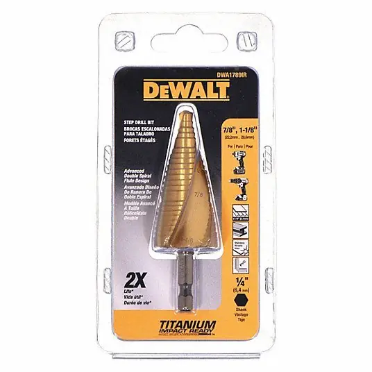 Dewalt DWA1789IR Step Drill Bit 2 Hole Sizes, 7/8 in to 1 1/8 in, 3/4 in Step Increments, Hex Shank