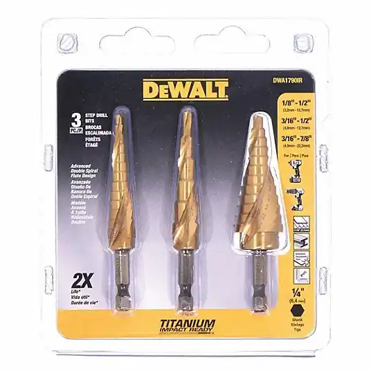 Dewalt DWA1790IR Step Drill Bit Set 31 Hole Sizes, 1/8 in to 7/8 in, 1/4 in Shank Hex Size, Hex Shank
