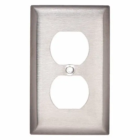 Hubbell SS8 Duplex Receptacle Wall Plate, Vertical, Standard Size, 1 Gang, Stainless Steel, Brushed, Silver