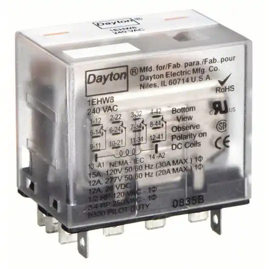 Dayton 1EHW8 General Purpose Relay, 240V AC Coil Volts, Square, 14 Pin, 4PDT