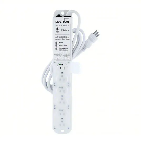 Leviton 53C6M-1S7 Surge Protected Outlet Strip 6 Outlets, Hospital Grade, NEMA 5-15P, 7 ft Cord Lg