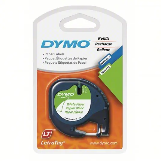 Dymo 10697 Paper Label Tape, 0.5"x13 ft., White, PK2
