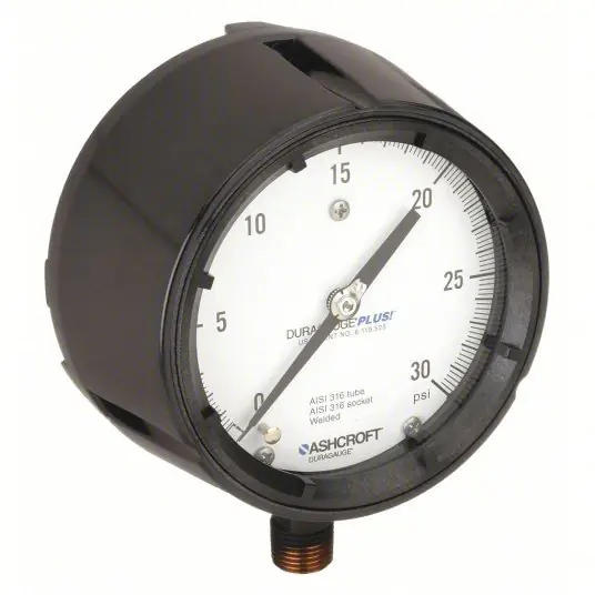 Ashcroft 451279SS04LXLL30 Pressure Gauge, 0 to 30 psi, 1/2 in MNPT, Plastic, Black