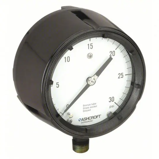 Ashcroft 451279AS04L30 Pressure Gauge, 0 to 30 psi, 1/2 in MNPT, Plastic, Black