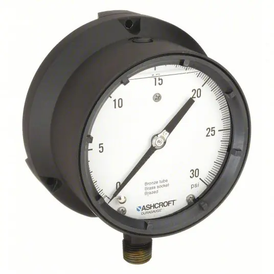 Ashcroft 451379ASL04L30 Pressure Gauge, 0 to 30 psi, 1/2 in MNPT, Plastic, Black
