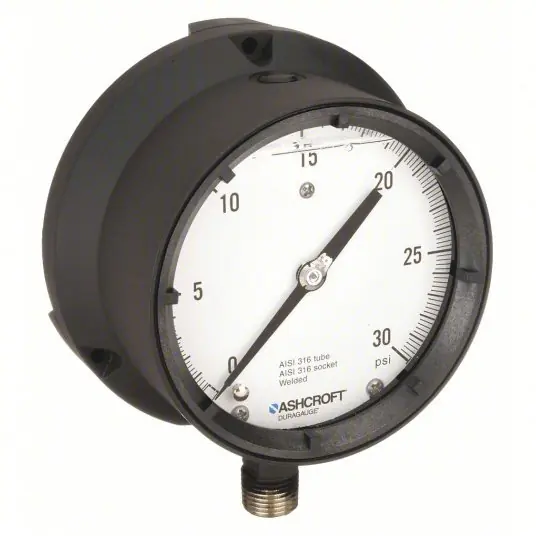 Ashcroft 451379SSL04L30 Pressure Gauge, 0 to 30 psi, 1/2 in MNPT, Plastic, Black