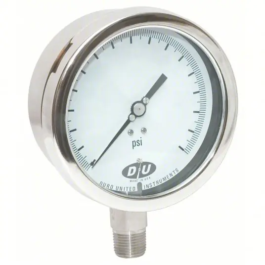 Duro 4207-0333-CERT Pressure Gauge, 0 to 30 psi, 1/2 in MNPT, Stainless Steel, Silver