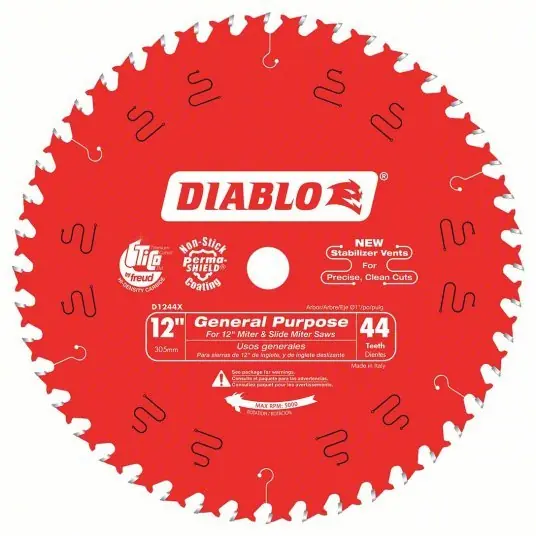 Diablo D1244X Circular Saw Blade 12 in Blade Dia., 44 Teeth, 0.098 in Cut Wd, 1 in Arbor Size