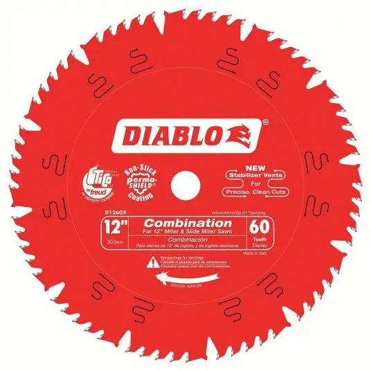 Diablo D1260X Circular Saw Blade 12 in Blade Dia., 60 Teeth, 0.118 in Cut Wd, 1 in Arbor Size