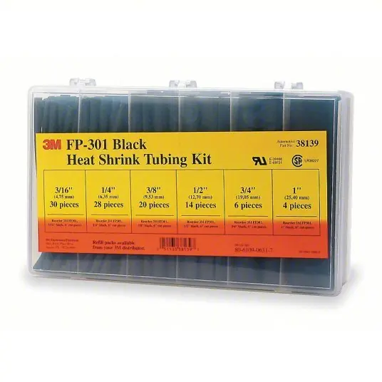 3M FP301-3/16 TO 1-BLACK-5-102 PC KITS Heat Shrink Tubing Kit 102 Pieces, 1/2 in/1/4 in/1 in/3/16 in/3/4 in/3/8 in, 2 1, 6 in