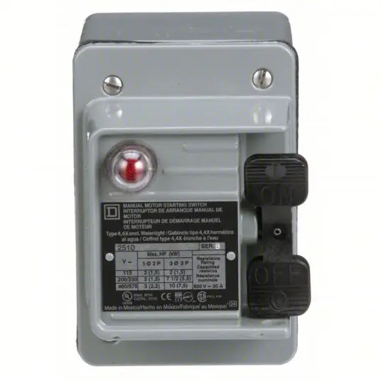 Square D 2510KW1A Manual Motor Switch 2 Poles, 30 A, 4 NEMA Rating, Pilot Light Red Light (115V AC)