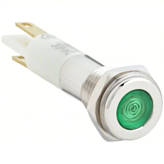 KVM Tools KV24M067 Flat Indicator Light Green, Male .110 Connector, LED, 24V DC, Brass Plated Chrome/LED/Plastic (ABS)