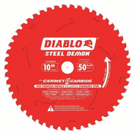 Diablo D1050CF Circular Saw Blade 10 in Blade Dia., 50 Teeth, 0.083 in Cut Wd, 1 in Arbor Size, Solid Stock