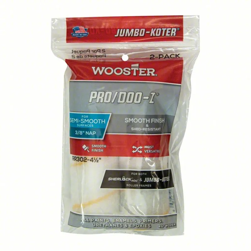 Wooster RR302-4-1/2 Mini Paint Rollers 4 1/2 in Lg, 3/8 in Nap Size, Woven Fabric, Std, 3/8 in Nap Size, 2 PK