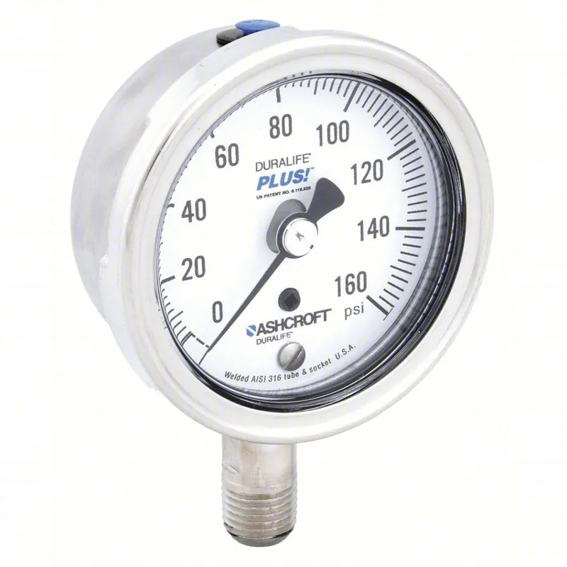 Ashcroft 251009SW02LXLL160 Industrial Pressure Gauge 0 to 160 psi, 2 1/2 in Dial, Dry Case Vibration-Dampened, Bottom