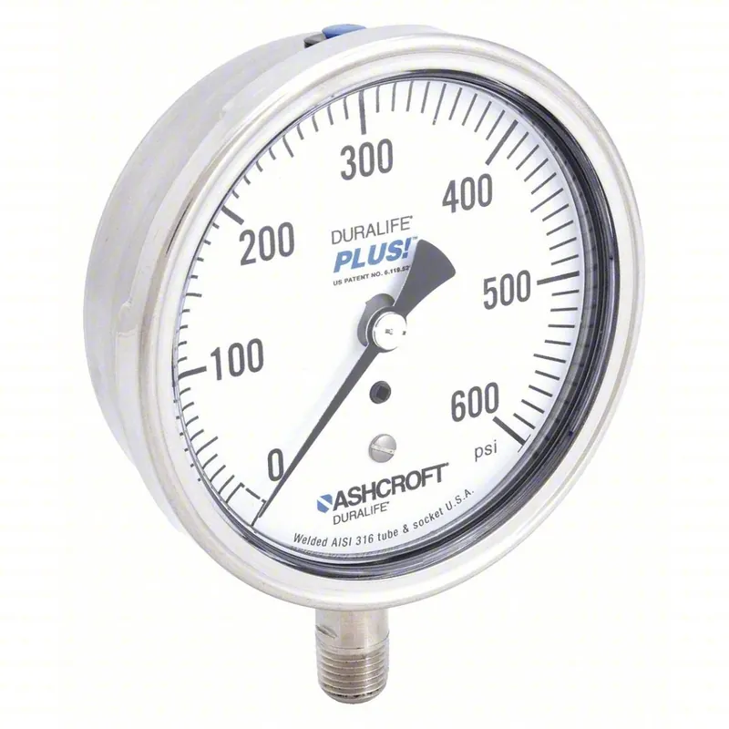 Ashcroft 351009SW02LXLL600 Industrial Pressure Gauge 0 to 600 psi, 3 1/2 in Dial, Dry Case Vibration-Dampened, Bottom