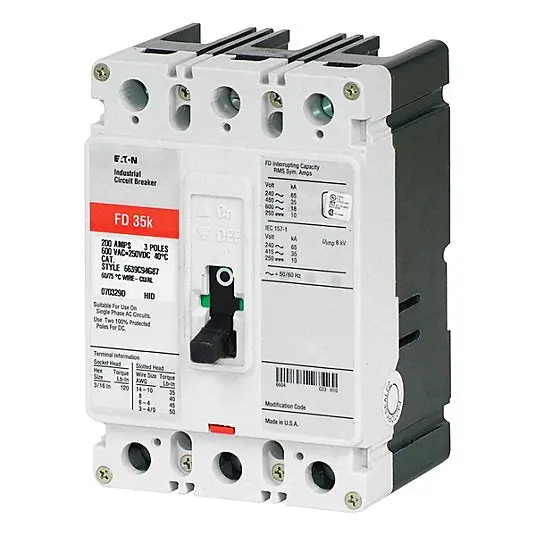Eaton FD3200 Molded Case Circuit Breaker 200 A Amps, 65kA at 240/277V AC, Fixed, ABC, Load Side Lug, Std