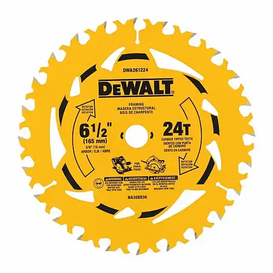 DeWalt DWA261224 Circular Saw Blade 6 1/2 in Blade Dia., 24 Teeth, 0.07 in Cut Wd, 5/8 in Arbor Size, Framing