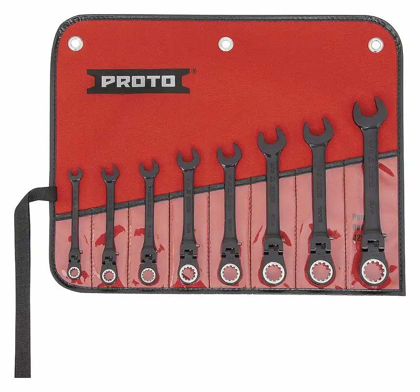 Proto JSCVF-8S Combination Wrench Set, Alloy Steel, Black Chrome, 8 Tools, Flex, Reversing, Tool Roll