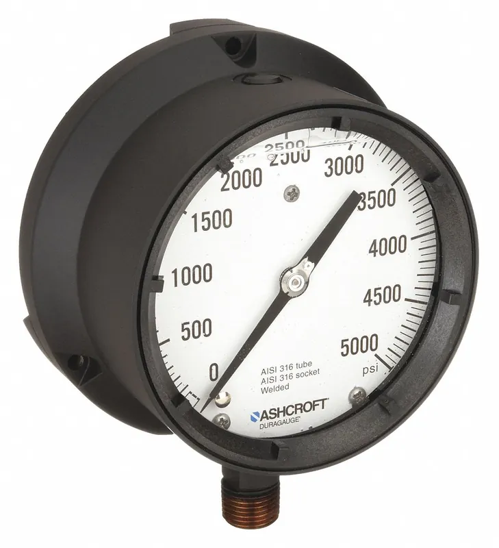 Ashcroft 451379SSL04L5000 Process Pressure Gauge, 0 psi to 5,000 psi, White, 4 1/2 in Dial, 1/2 in NPT Male, Bottom