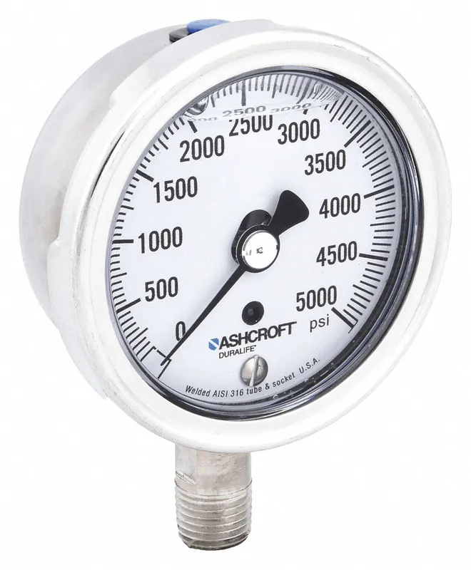 Ashcroft 251009SWL02L5000 Industrial Pressure Gauge 0 psi to 5,000 psi, 2 1/2 in Dial, 1/4 in NPT Male, Bottom, 1009