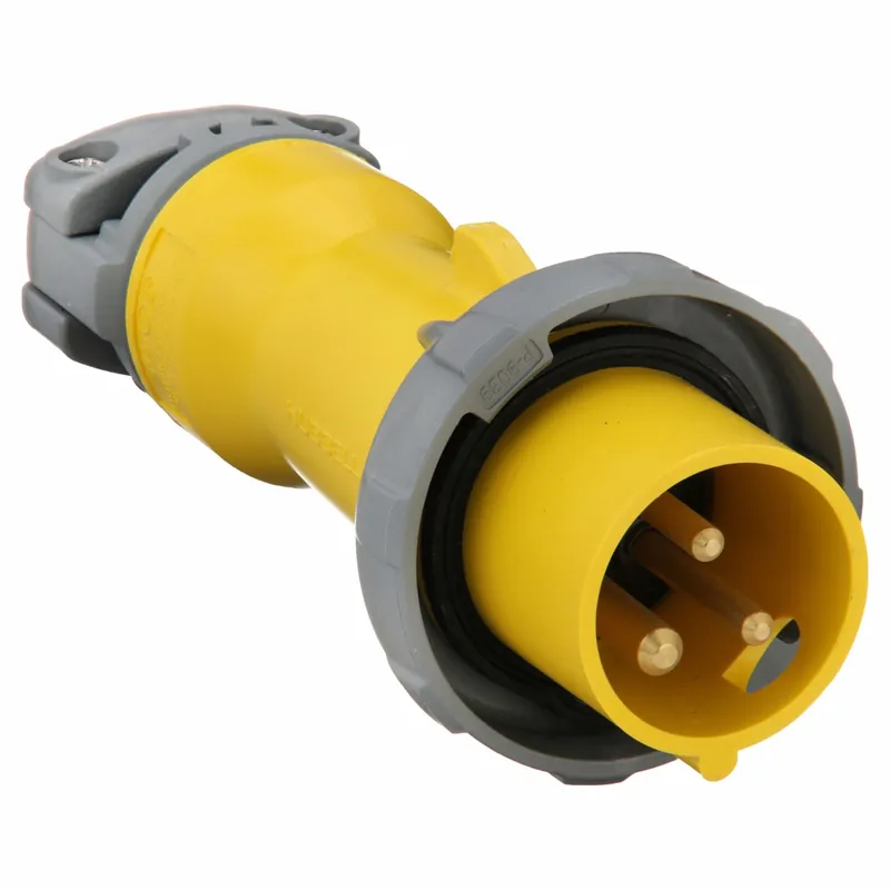 Hubbell HBL320P4W Pin and Sleeve Plug, 125V AC Single Phase 20A, 2P 3W, Yellow, IEC Grounding, IP67