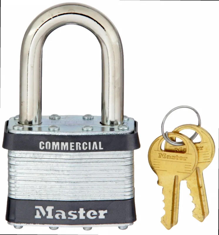 Master Lock 5LF Padlock, Silver, Steel, Unfinished, Long Shackle, Laminated, 4 Pin, Keyed Different