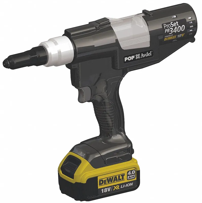 Pop Avdel PB3400 Cordless Blind Rivet Tool, 20V Li-Ion, 4047 lbf Pulling Force, 1-3/16 in Stroke, Kit with 2 Batteries + Charger