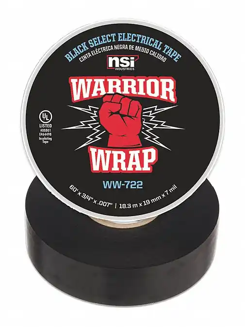 WarriorWrap WW-722 Electrical Tape, Vinyl, 7 mil, 3/4 in W x 60 ft, Black