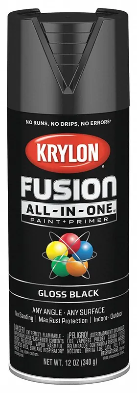 Krylon K02702007 Fusion All-In-One Spray Paint, Black, Gloss, Water-Based, 12 oz