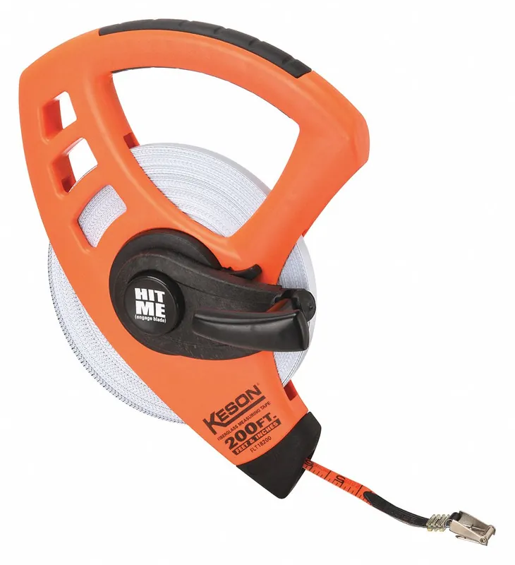 Keson FLT18200 Engineer‘s Long Tape Measure, 200 ft, 1/2 in Blade, Fiberglass, Open Reel, Manual