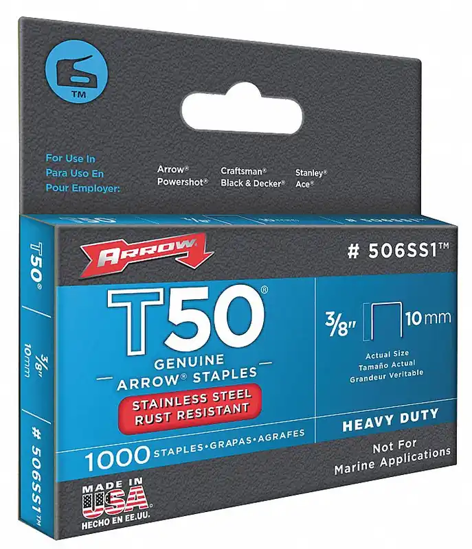 Arrow 506SS1 T50 Heavy Duty Staples, 3/8 in Crown x 3/8 in Leg, Stainless Steel, 1000 PK