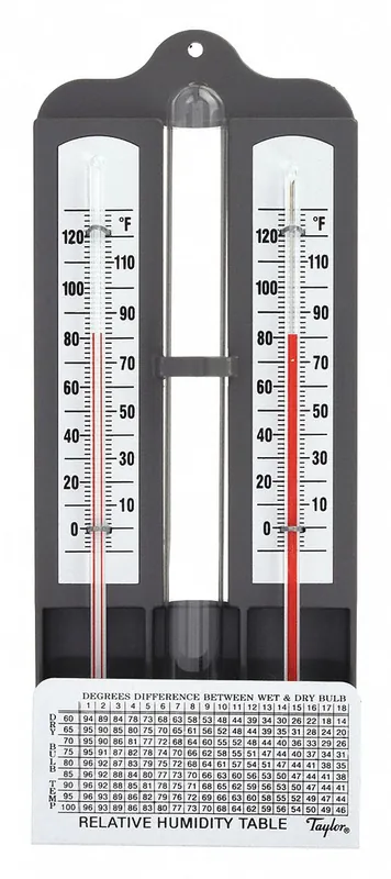 Taylor 5525J1 Mason‘s Hygrometer, Wall Mount, 0 to 120 °F, 1% to 97% Humidity, ±2 °F Accuracy, Liquid-in-Glass