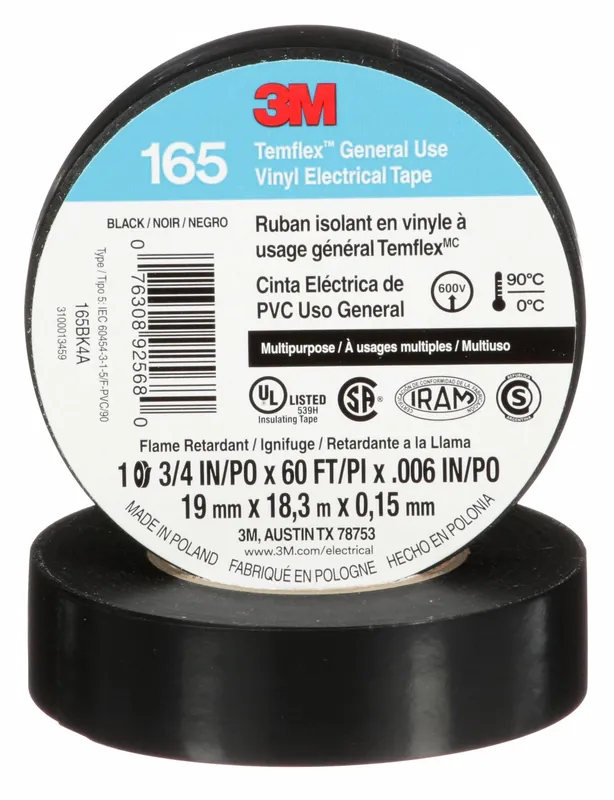 3M 165BK4A Temflex 165 Vinyl Electrical Tape, Black, 3/4 in x 20 yd, 6 mil, 600V, Indoor