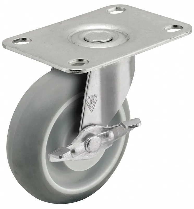 Shepherd Caster PRE50120ZN-MNTB Regent Plate Caster, Swivel w/ Side Brake, 5 in Rubber Wheel, 160 lb Cap, Zinc Plated