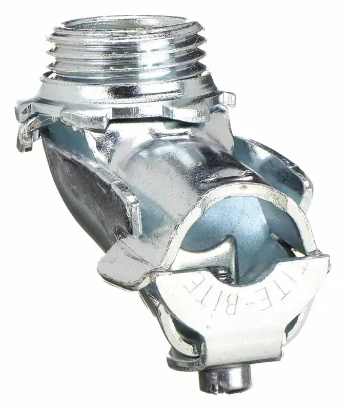 Thomas & Betts 321-TB Connector 90° Saddle-Style, 3/8 in Trade Size, 1/2 in MNPT, Steel Non-Insulated, for AC/MC/Flexible Conduit, UL Listed