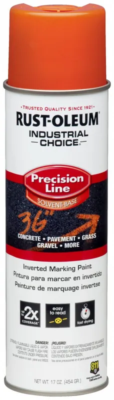 Rust-Oleum 203026V Industrial Choice Precision Line Marking Paint, Alert Orange, Solvent-Based Modified Alkyd, 20 oz Inverted Aerosol, for Asphalt/Concrete/Dirt/Grass/Gravel