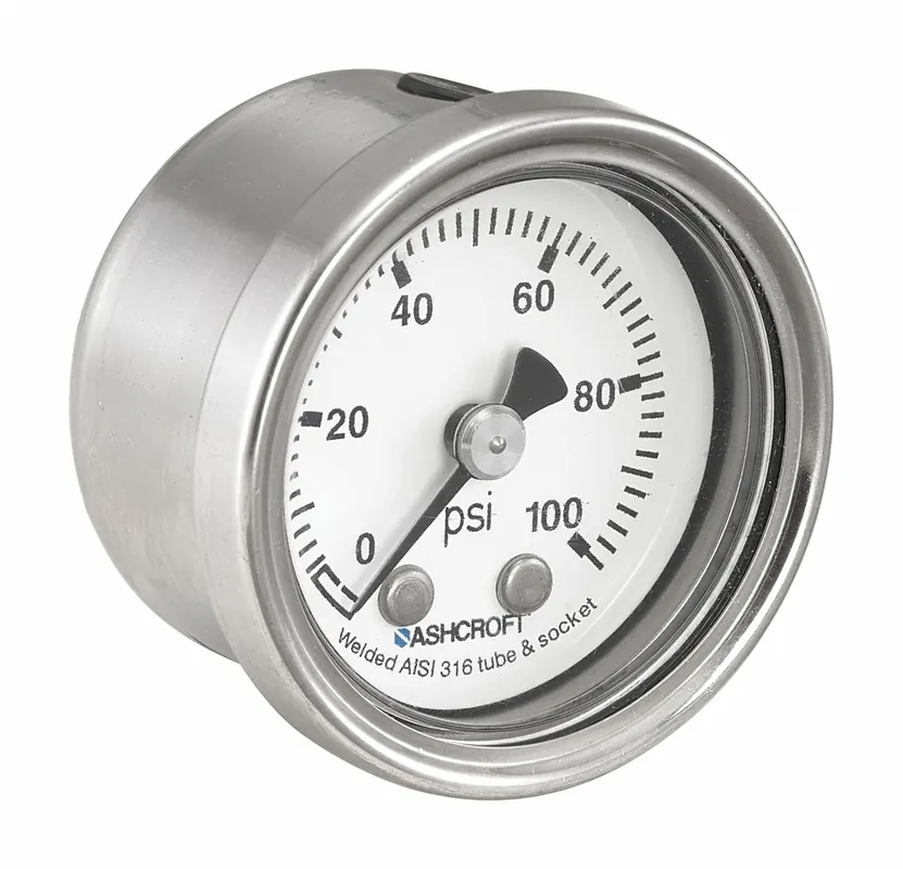 Ashcroft 401008S01B60 Pressure Gauge, 0 to 60 psi, 1-1/2 in Dial, 304 SS Case, 1/8 in Center Back NPT, IP66/NEMA 4X, Dry