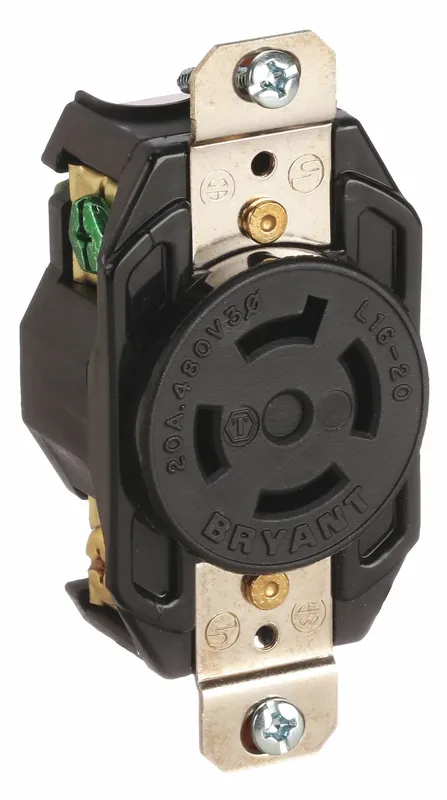Bryant 71620FR Locking Receptacle, L16-20R, 1 Outlet, Black, 480V AC, 20 A, 3 Poles