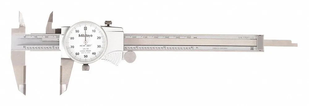 Mitutoyo 505-738 Dial Caliper, 0-6 in, +/-0.001 in Accuracy, Stainless Steel, Carbide-Tipped Jaws