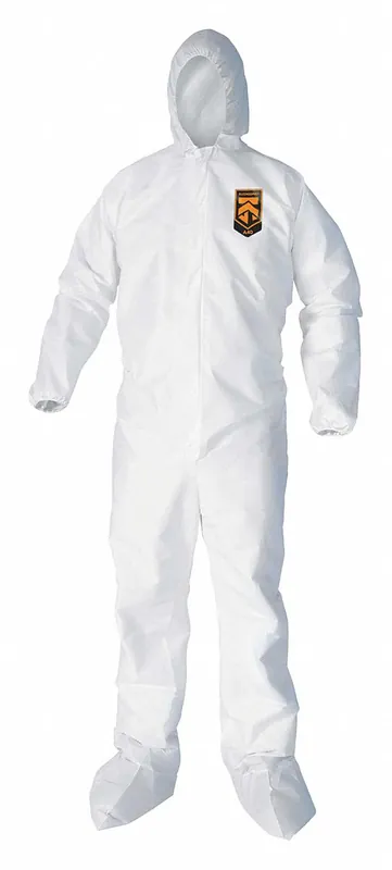 Kleenguard 44333 A40 Coveralls with Hood & Boots, L, Microporous Film Laminate, Elastic Wrist/Ankle, White, Zipper, 25 PK
