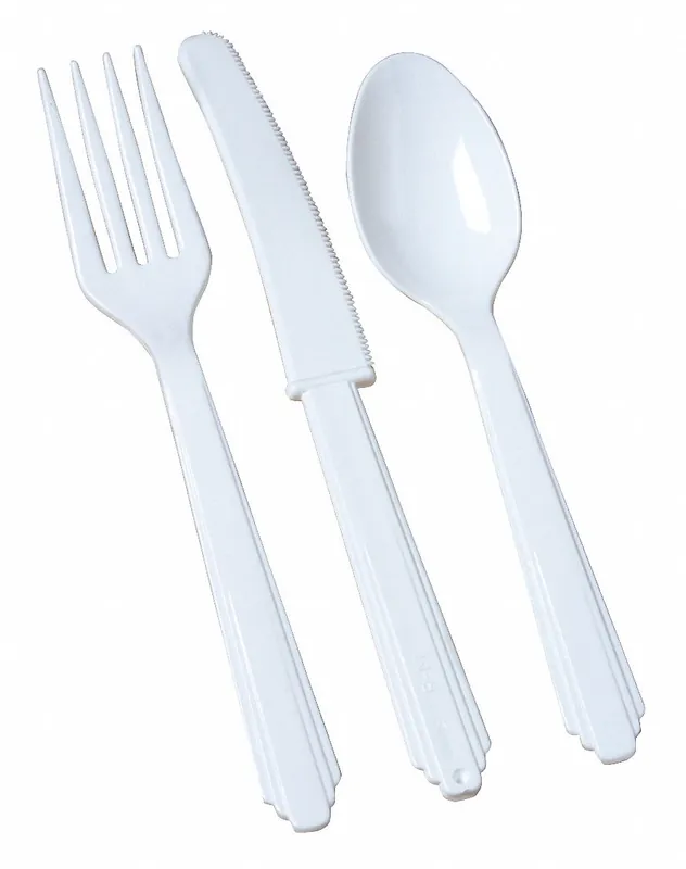 Ability One 7360-01-380-4695 Disposable Cutlery Set, White Plastic, Individually Wrapped, Fork/Knife/Spoon, 400 PK