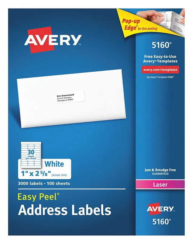 Avery 7278205160 Easy Peel Address Labels, 5160, 1 x 2-5/8 in, White, 3000 Labels