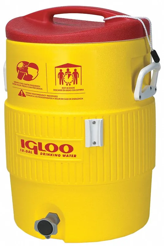 Igloo 48153 Beverage Dispenser, 5 gal, Insulated, XL Spigot, Keeper Cord, Bilingual Heat Stress Rules, Yellow Body, Red Lid