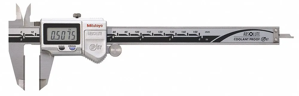 Mitutoyo 500-737-20 Carbide Jaw 4-Way Digital Caliper, 0-6 in / 0-150 mm, IP67, Stainless Steel, Absolute, Cabled SPC