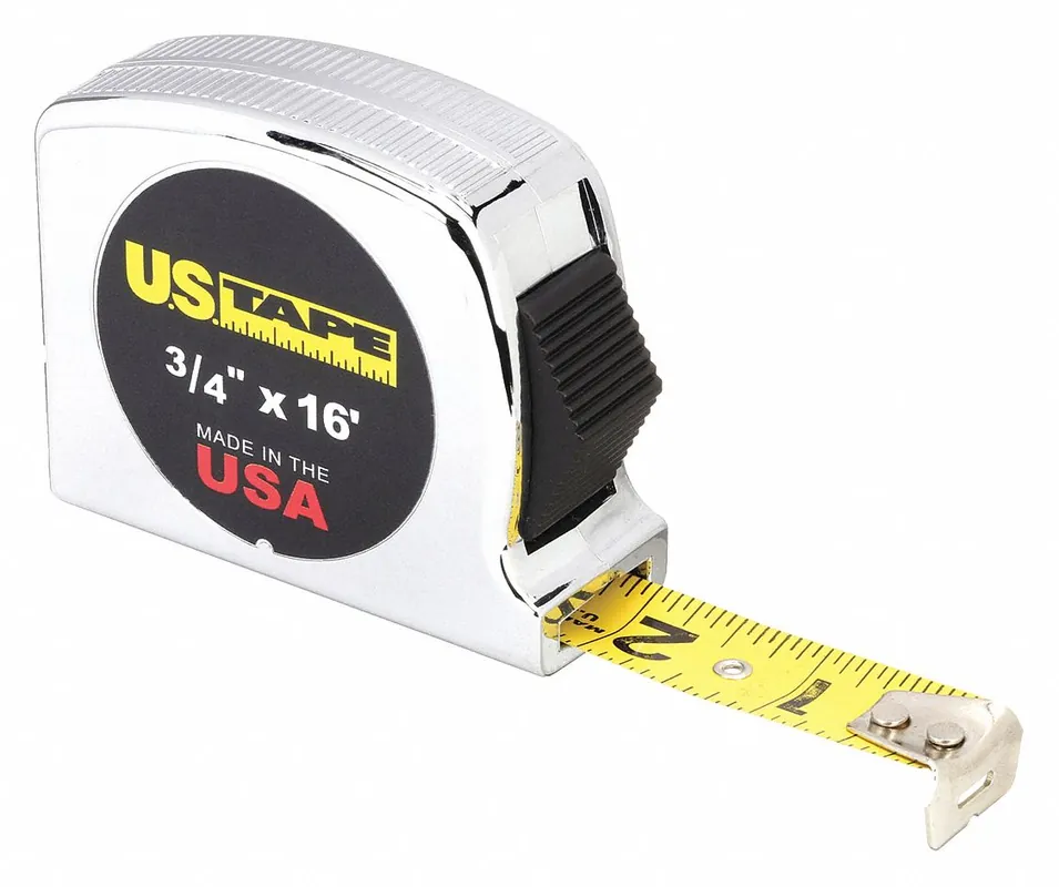 US Tape 56909 Tape Measure, 16 ft x 3/4 in, Steel Blade, Yellow, Nonmagnetic Single Hook, Plastic Silver Case, Belt Clip, Stud Markings