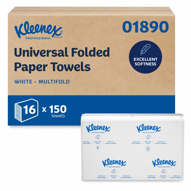 Kleenex 01890 Multifold Paper Towels, 1-Ply, White, 9 1/4 in x 9 1/2 in Sheets, 150 Sheets/Pack, Pkg of 16