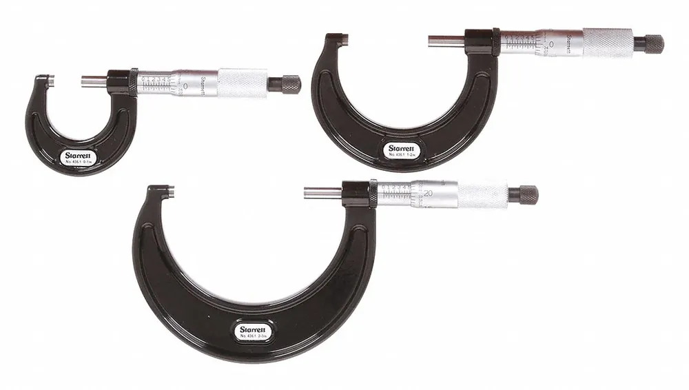 Starrett ST436.1AXRLZ Mechanical Outside Micrometer Set, 0-3 in, +/-0.0001 in Accuracy, Carbide, Wood Case