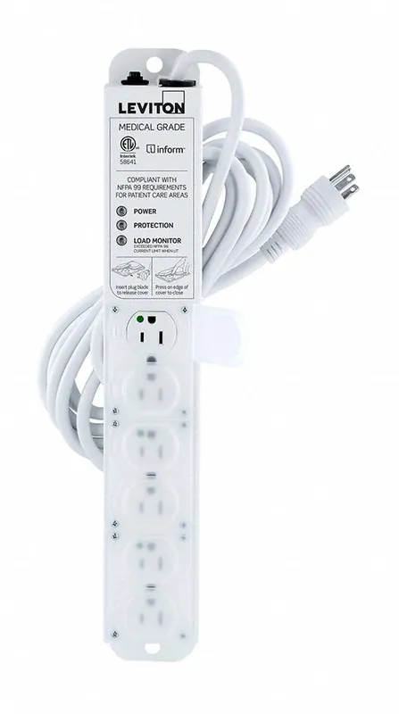 Leviton 53C6M-1S5 Outlet Strip, Surge Protected, Hospital Grade, 6 Outlets, NEMA 5-15P, 15 ft Cord, White, Rack Mounted
